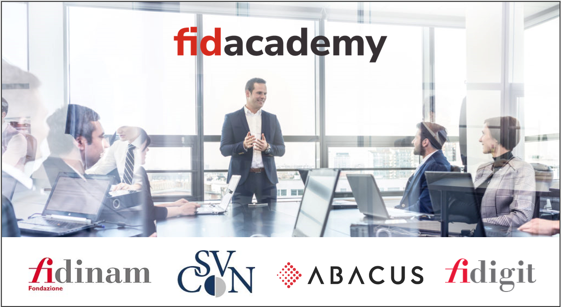 La locandina di Fidacademy con i loghi dei suoi sponsor: Il Gruppo Fidinam, il Centro Studi Villa Negroni, Abacus e la Fondazione Fidinam.