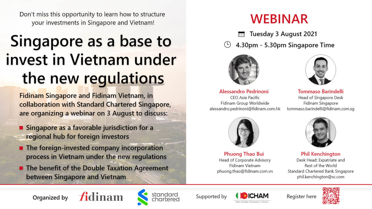 The flyer shows the Fidinam experts that will discuss Singapore as a base to invest in Vietnam under the new regulations